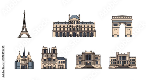 Paris Famous Landmarks and Monuments Vector Icon Set