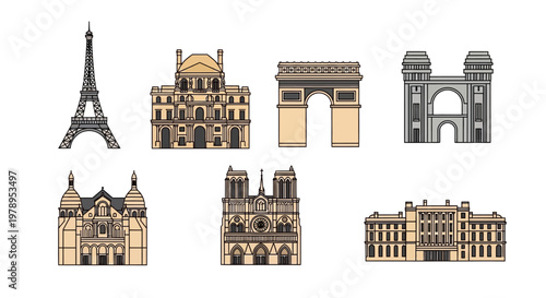 Iconic Paris Landmarks and Famous Architecture Vector Icon Set