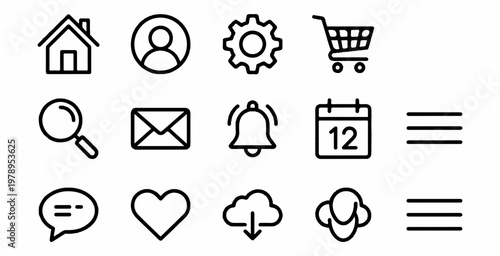 Collection of various modern line art icons representing common functions and elements found in user interfaces and digital applications