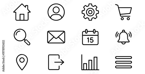 Collection of user interface icons representing common web and app functionalities like home, profile, settings, cart, search, mail, calendar, notification, location, login, and menu
