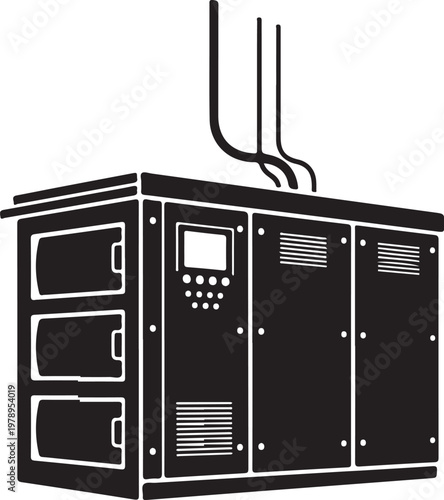Industrial control panel, electrical cabinet, vector illustration, black and white