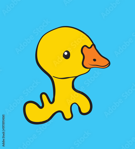 A cartoon duck with a yellow body and orange beak against a blue background