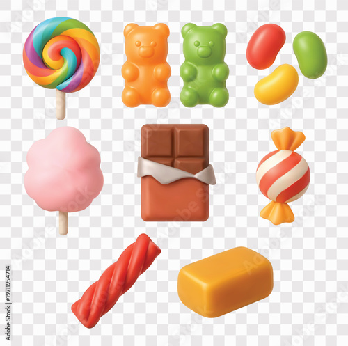 Sweet Candy and Confectionery Vector Icon Set | 3D icon set | rainbow lollipop, gummy bears, jelly beans,  fluffy pink cotton candy, chocolate bar, striped candy, licorice twist,  chewy caramel cube