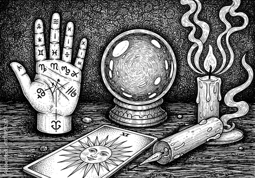 Mystical Hand-Drawn Engraving of Fortune-Telling Tools with Palmistry, Tarot, and Crystal Ball