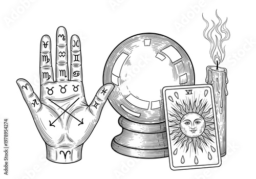 Vintage Engraving Style Illustration of Palmistry, Crystal Ball, Tarot Card, and Burning Candle
