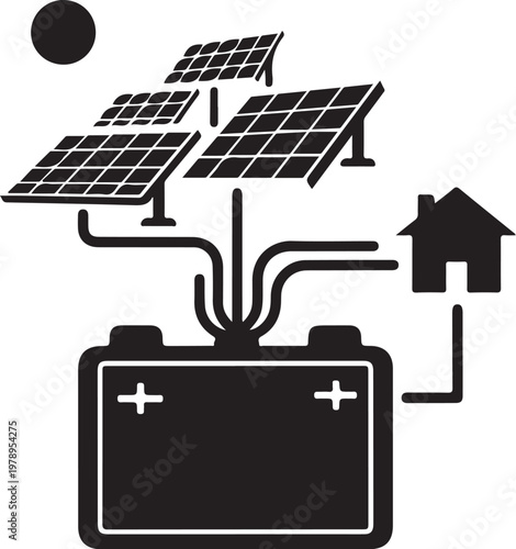 Solar panels, battery, and house icons, renewable energy, sustainable power, eco friendly vector