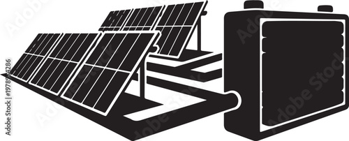 Solar panels, battery, renewable energy, sustainable power, eco friendly, black icons