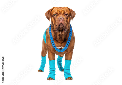 A majestic dogue de bordeaux, dressed in humorous neon blue 80s leg warmers and a plastic beaded necklace, standing stoically in a white studio, comedic absurdity concept