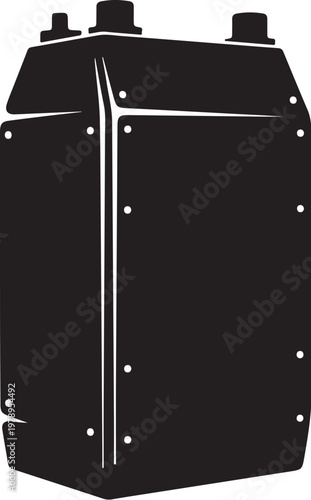 Black metal battery, industrial power source, energy storage icon, vector battery symbol