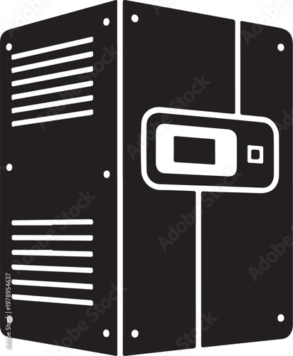 Black server, computer hardware, data center, IT equipment, vector icon