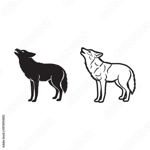 Black and white wolf illustrations in howling poses side by side
