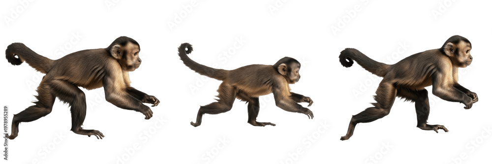 Fototapeta premium Small Capuchin Monkey Set Isolated On White Background Walking Running PNG Transparent Digital Assets Collection