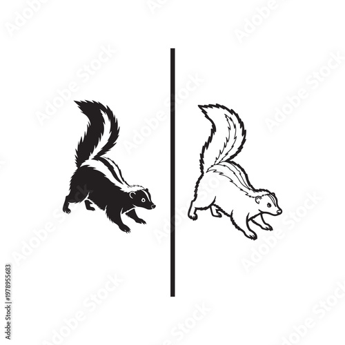 Black and white skunk illustrations side by side on white background