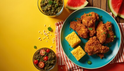 Fried chicken dish with cornbread and greens served on a vibrant yellow background. Watermelon slices add a refreshing contrast to this festive meal, perfect for celebrations.