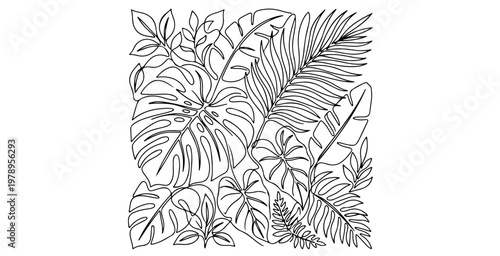 Lush tropical botanical garden leaves line art background illustration, exotic jungle plants seamless pattern design, natural organic foliage decorative element