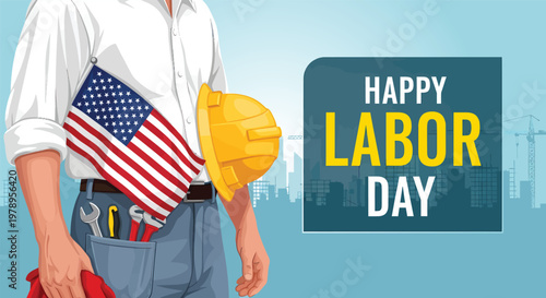Celebrating labor day worker with american flag and hard hat