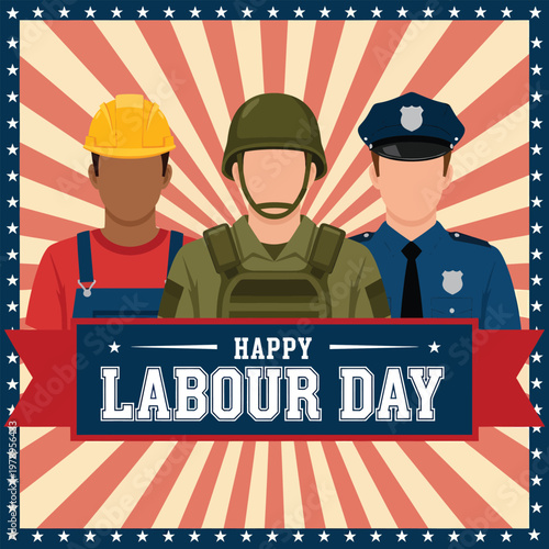 Happy labour day celebrating workers with diverse professions illustration