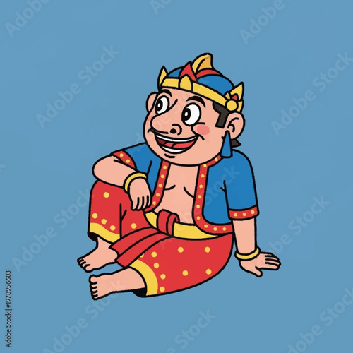 Cartoon character in traditional Indian attire sitting.