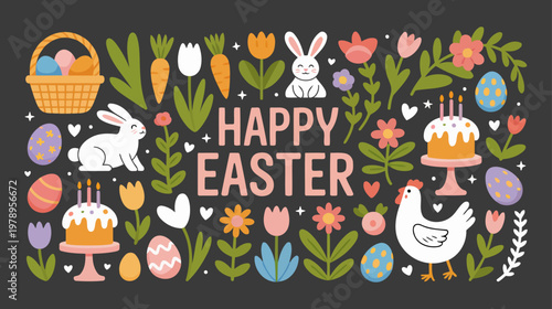 Cheerful Easter Illustration with Bunnies, Eggs, and Spring Flowers