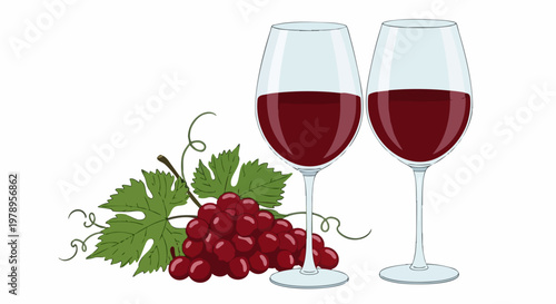 Red wine glasses with bunch of grapes and green leaves, elegant wine tasting vector illustration, vineyard harvest concept for restaurant menu