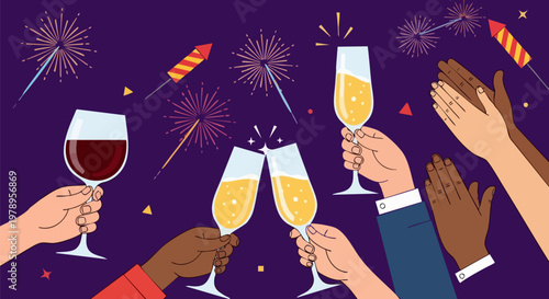 Festive New Year celebration vector, diverse hands toasting champagne glasses and wine, fireworks and sparklers on purple background, party event banner