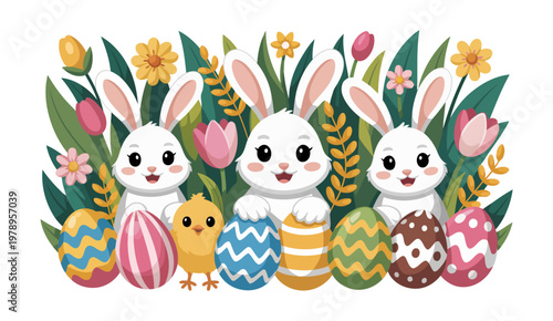Cute Easter Bunnies and Baby Chick with Decorated Eggs