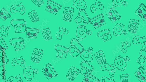 Seamless Pattern of Hand-Drawn Gadgets on Teal Background