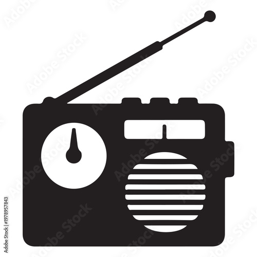 Wireless radio black glyph icon. Portable electronic receiver. Signal transmitting apparatus. Receiving system.