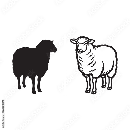 Black and white sheep illustrations side by side on white background