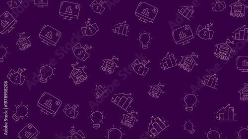 Seamless Pattern of Financial and Business Icons on Purple Background
