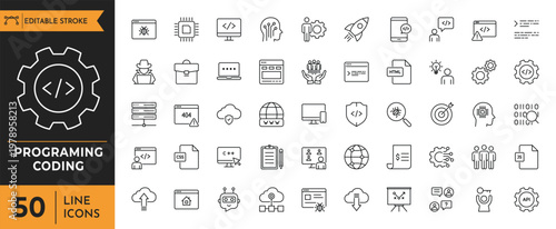 Programing Coding Outline icon set. Containing Code, api, programmer, developer, information technology, coder and more.