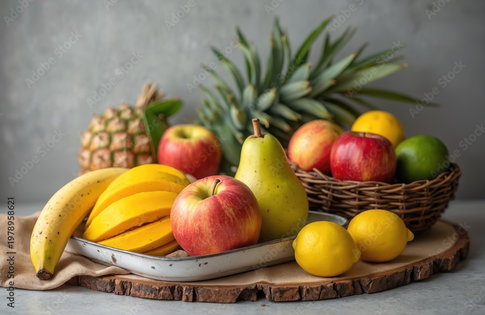 Fototapeta premium Assorted ripe fruits arranged artfully. Bananas, mango slices, apples, pears, lemons, pineapple, and limes fill serving dishes. Healthy and vibrant assortment for nutrition and wellness themes.