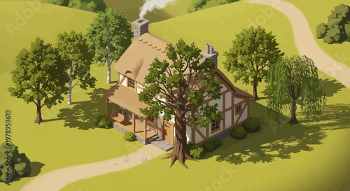 Idyllic cottage scene rural house surrounded by trees and lush green fields