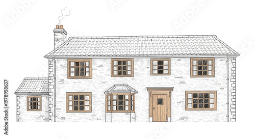 Illustrated facade of a two story residential house with windows and a chimney