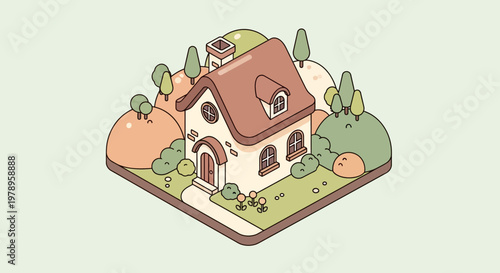 Isometric illustration of a charming cottage nestled in a whimsical landscape