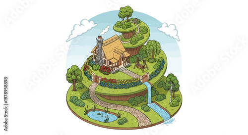Isometric illustration of a charming cottage on a hilltop surrounded by nature