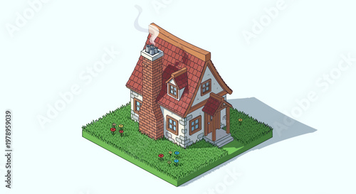 Isometric illustration of a charming cottage with smoke rising from the chimney