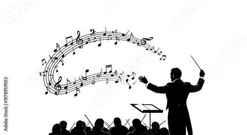 Orchestra conductor leading musicians with musical notes, harmonious performance silhouette, isolated white background