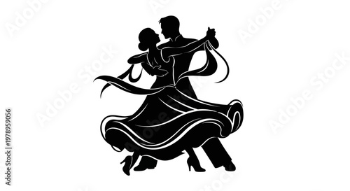 Beautiful couple dancing ballroom or Latin with flowing dress, elegant silhouette, isolated white background