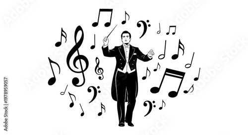 Dynamic orchestra conductor silhouette with musical notes flowing around, professional performance, isolated white background