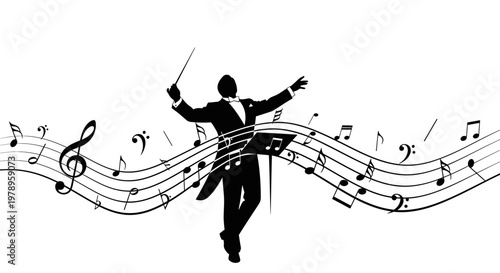 Professional orchestra conductor leading with musical notes and staff, elegant silhouette, isolated white background