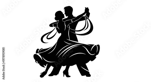 Elegant couple gracefully dancing ballroom or Latin dance, flowing movement silhouette, isolated white background
