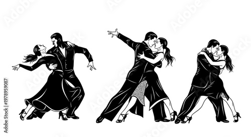 Three dynamic couples passionately dancing tango or ballroom, elegant silhouette, isolated white background