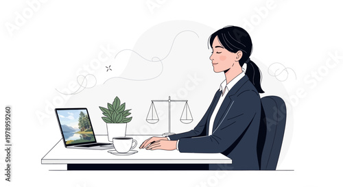 Vector illustration of a woman practicing workplace mental health as part of a wellness program, meditating at her desk in a modern office with scales of justice and laptop