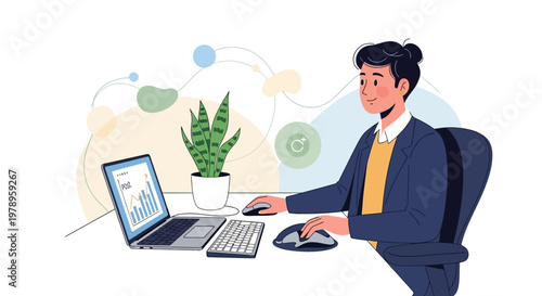 Illustration of a man in a Workplace Wellness Program, focused on Mental Health at Work, using a laptop showing business charts, set against a clean white background with abstract shapes
