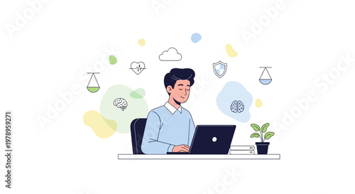 Vector illustration of a man at work promoting workplace mental health, with a laptop on a desk and floating icons, in a flat design style against a white background, conveying a calm
