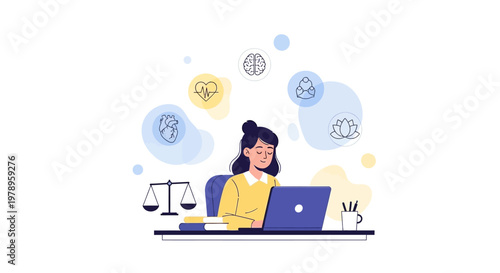 Vector illustration depicting a woman at her desk using a laptop in a workplace mental health vector setting, surrounded by wellness icons, designed with a corporate wellness concept