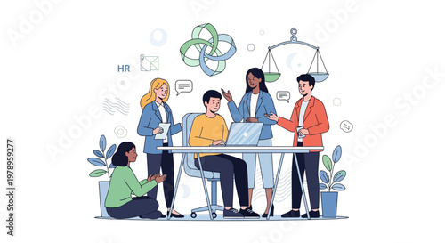 Diverse business people in an illustration, gathered around a table in a workplace wellness program, discussing mental health at work, set against a clean white background with a hopeful
