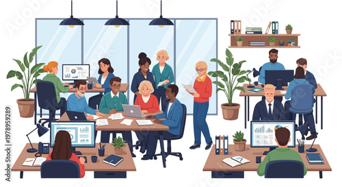 Vector illustration featuring diverse people in a modern business office participating in a workplace mental health program, with a focus on employee wellbeing, presented in a flat lay