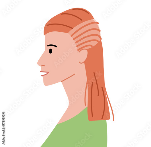 Cornrows hairstyle flat vector profile view, braided hair shape tight rows composition for avatar, beauty app, interface, fashion illustration